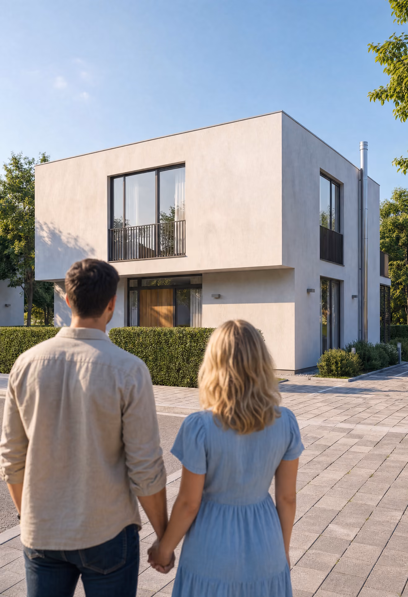 Paar schaut auf modernes zweistöckiges Haus mit großen Fenstern und gepflegtem Vorgarten.
