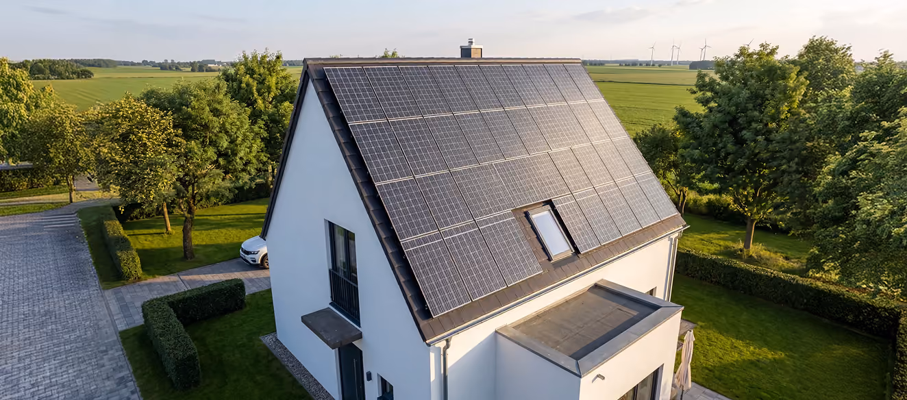 Modern house with solar panels on the roof surrounded by green trees and fields in the background.