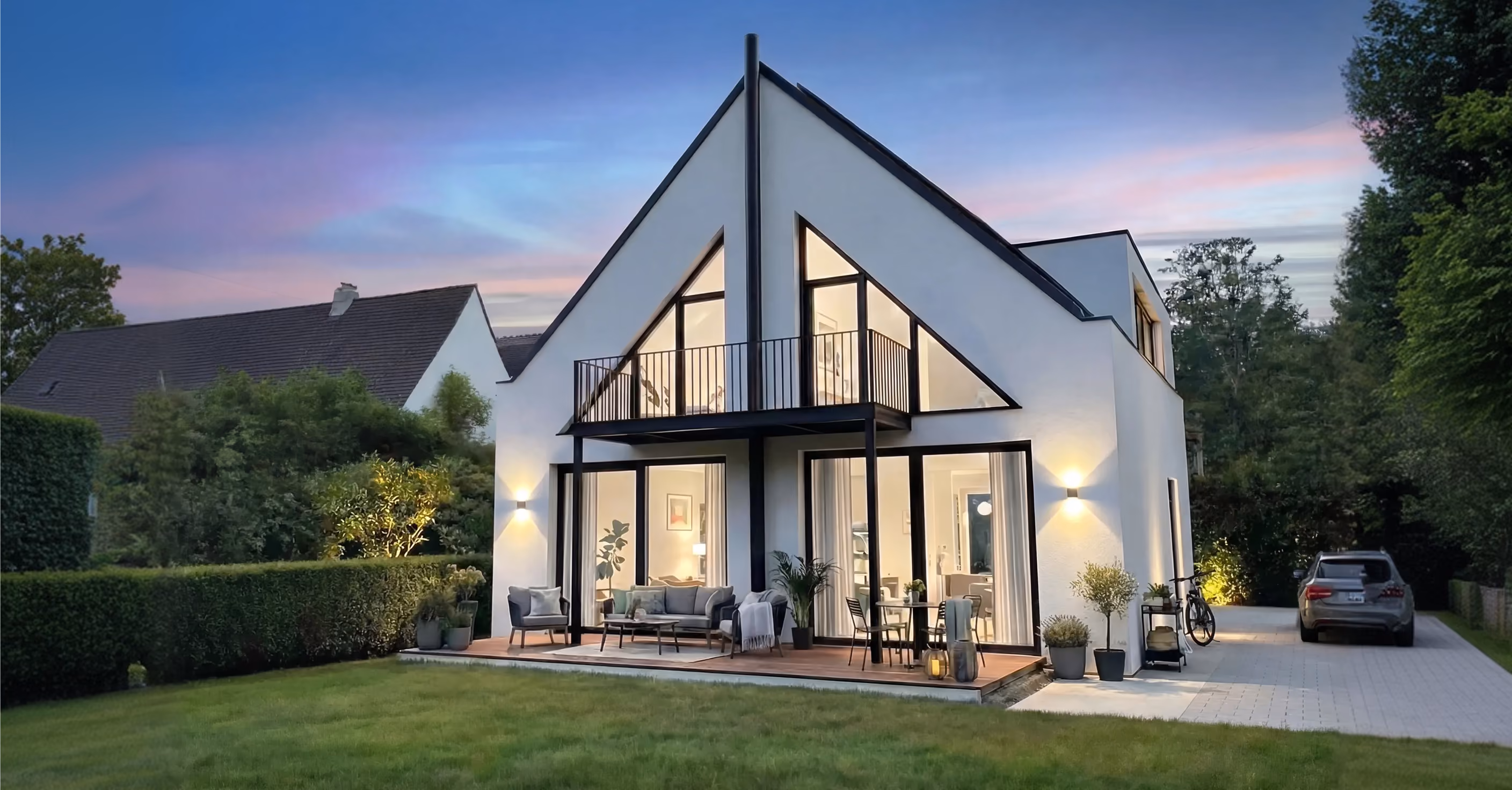 GFK Einfamilienhaus mit Satteldach moderne Architektur bei Tageslicht