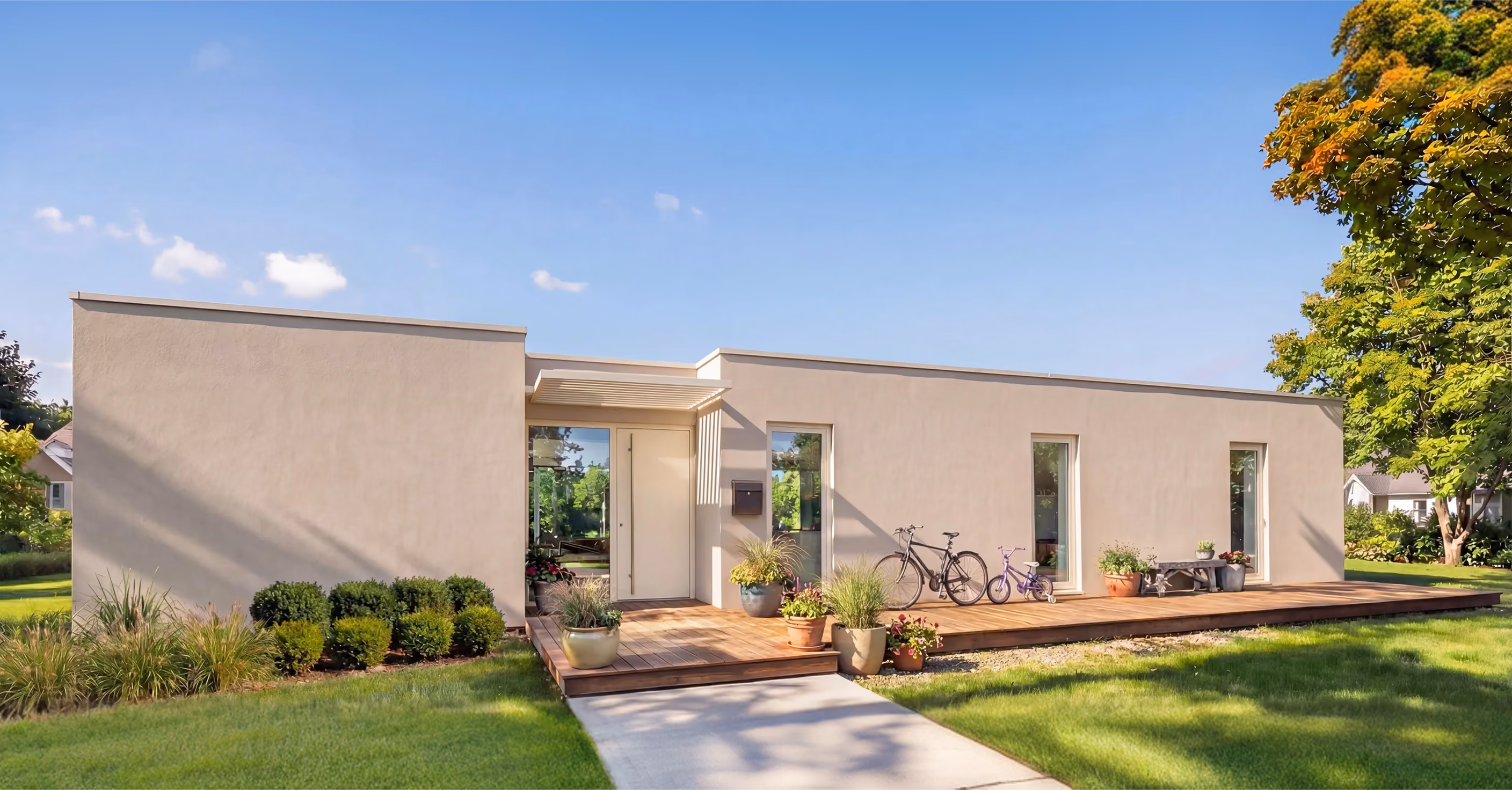 GFK modularer Bungalow in Grau barrierefrei auf einer Ebene in der Abenddämmerung