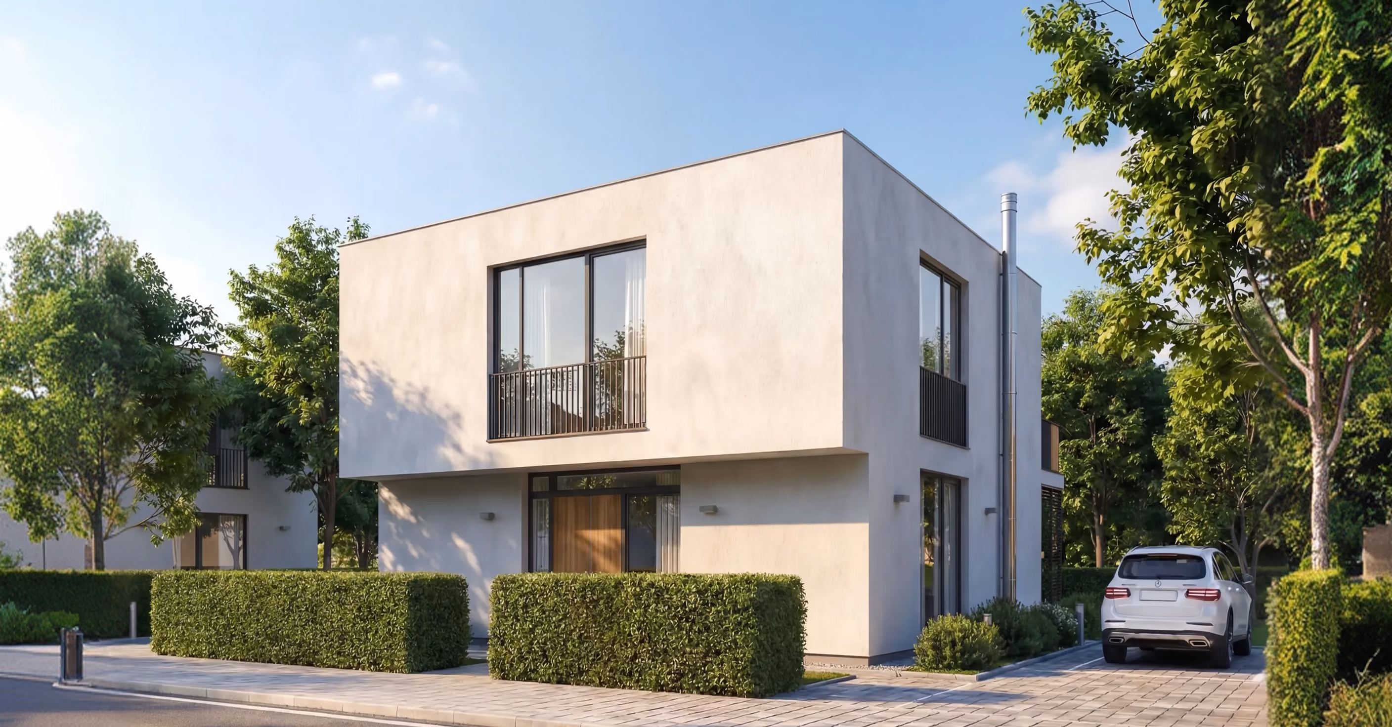 GFK Stadtvilla Bungalow Außenansicht in der Abenddämmerung