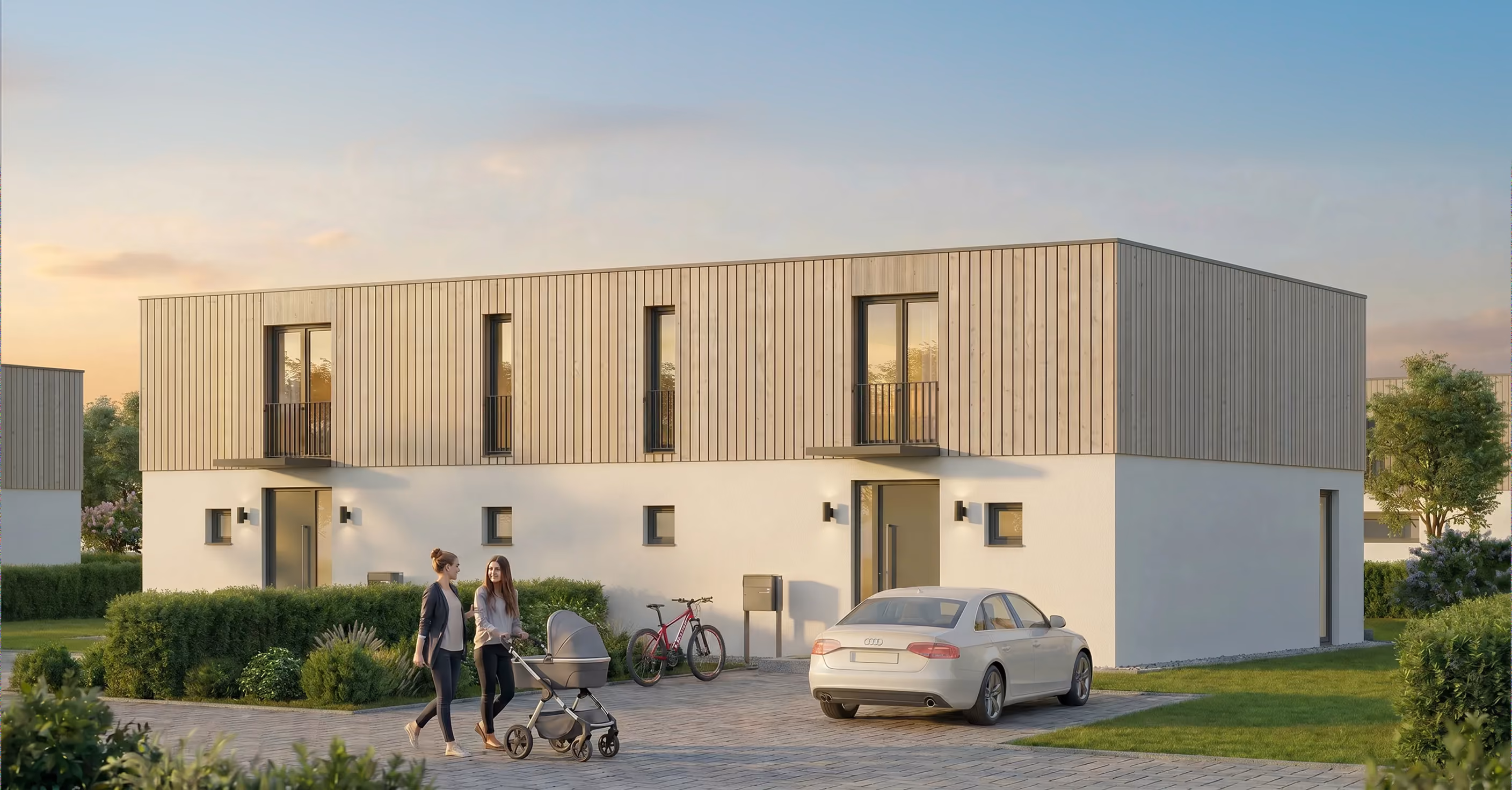 GFK Doppelhaushälfte moderne Fassade in der Dämmerung