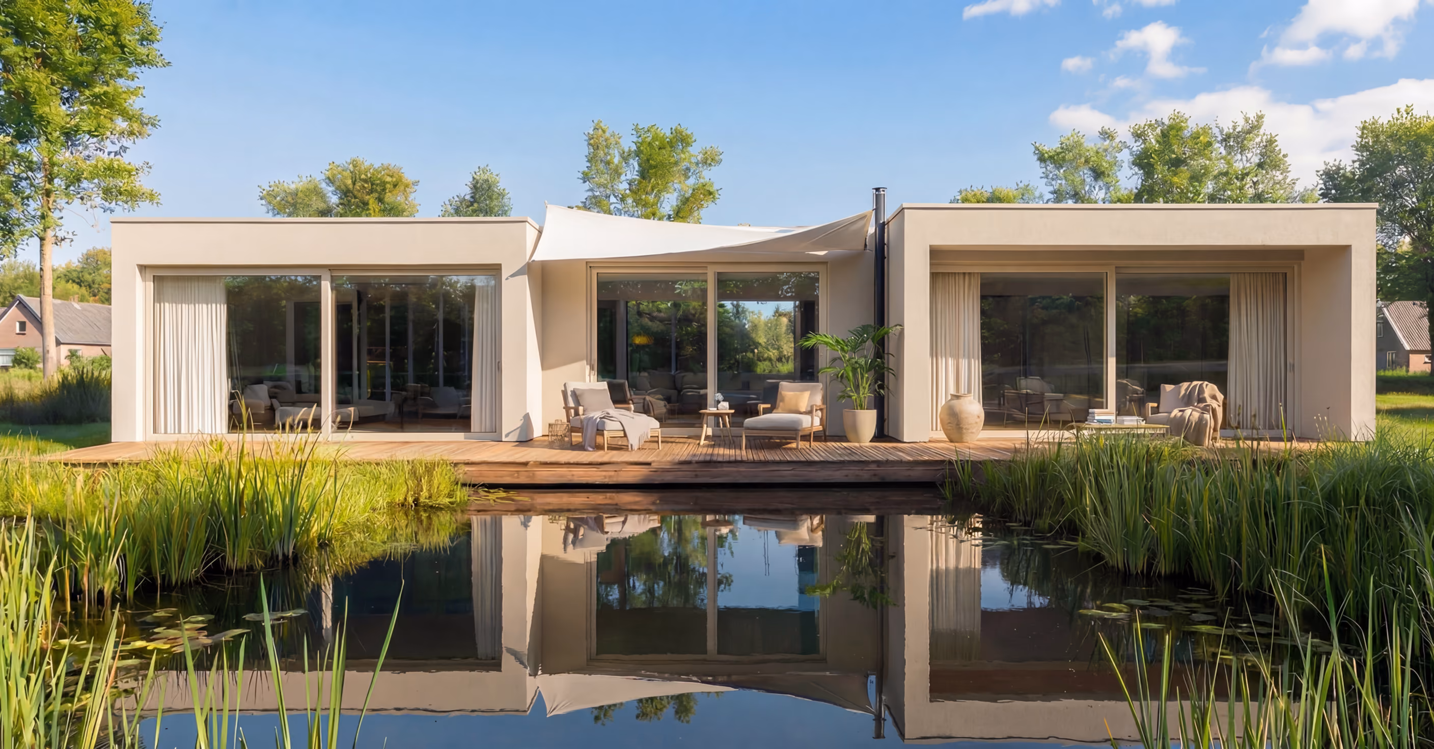 GFK modularer Bungalow Außenansicht Terrasse bei Dämmerung