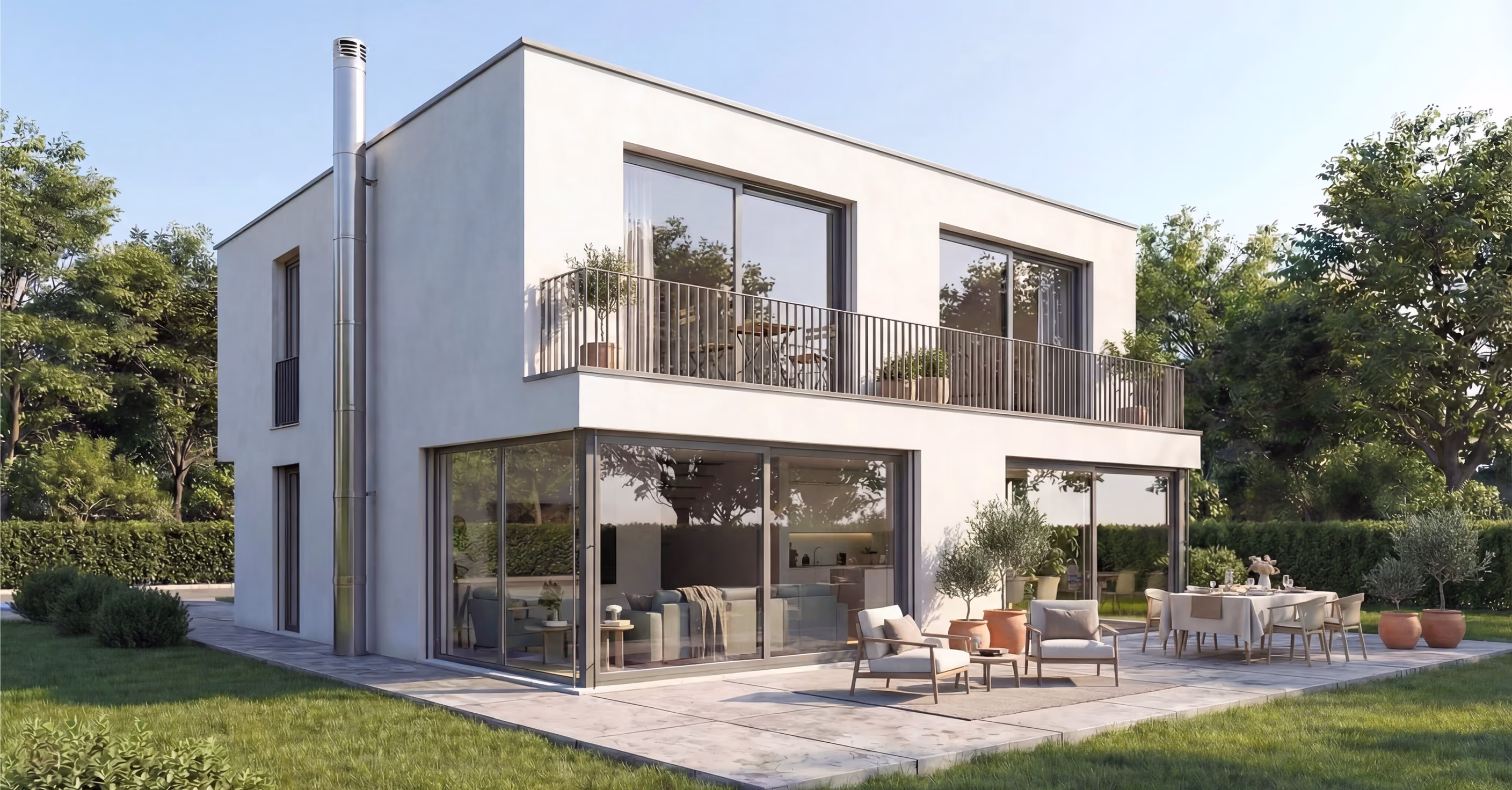 GFK moderne weiße Stadtvilla Kubus-Architektur bei Tageslicht
