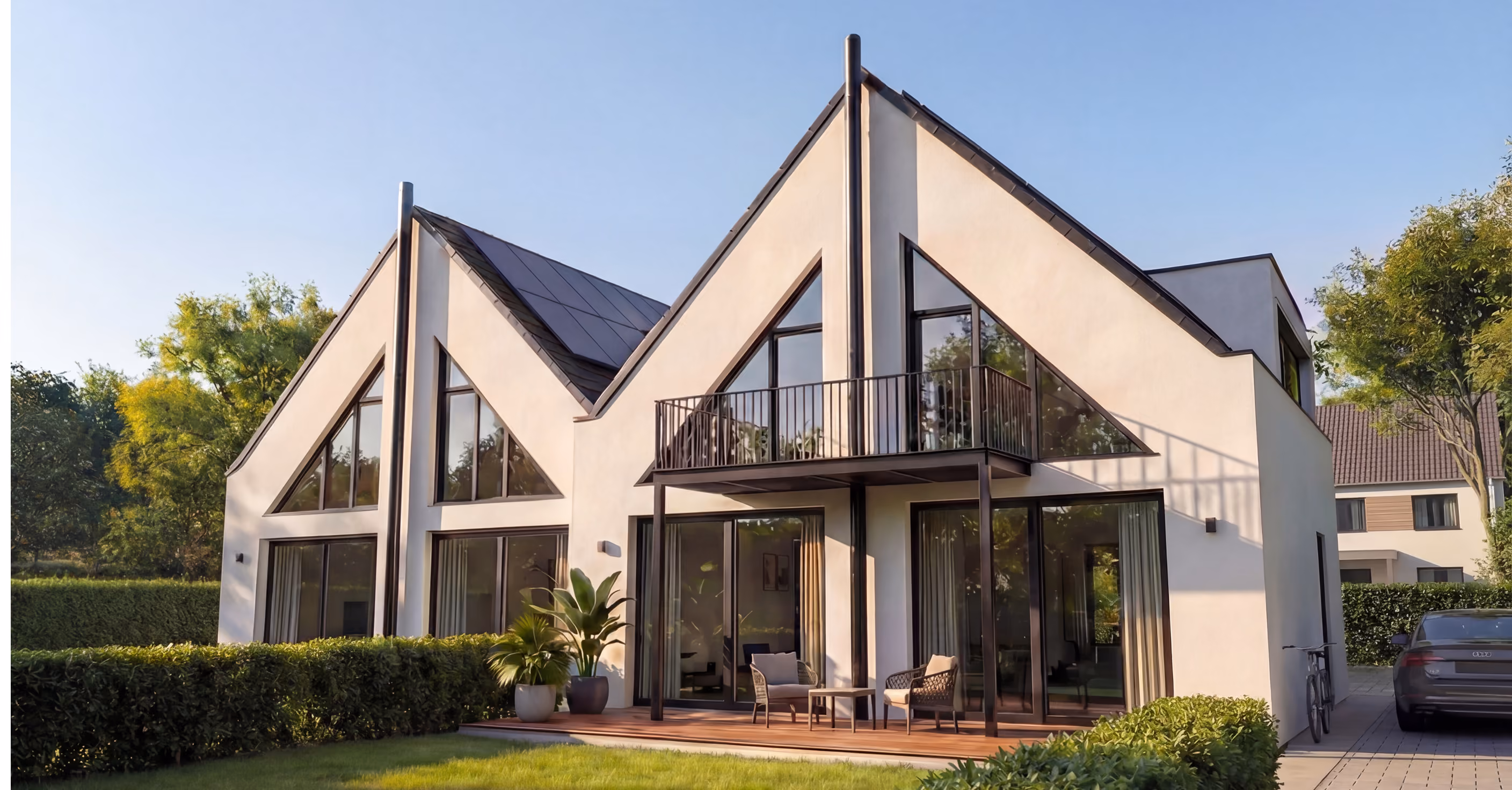 GFK Doppelhaushälfte klassische Architektur bei Tageslicht