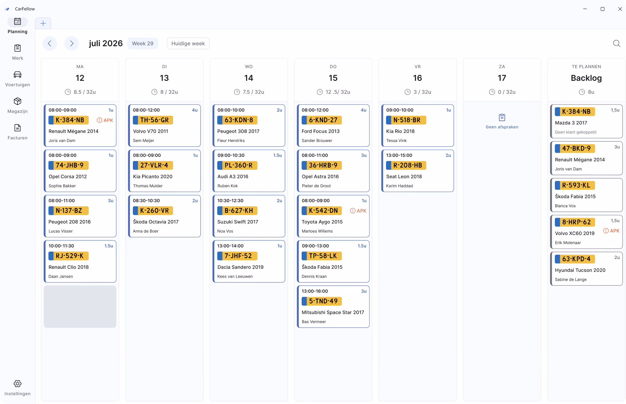 CarFellow planningsscherm met weekoverzicht