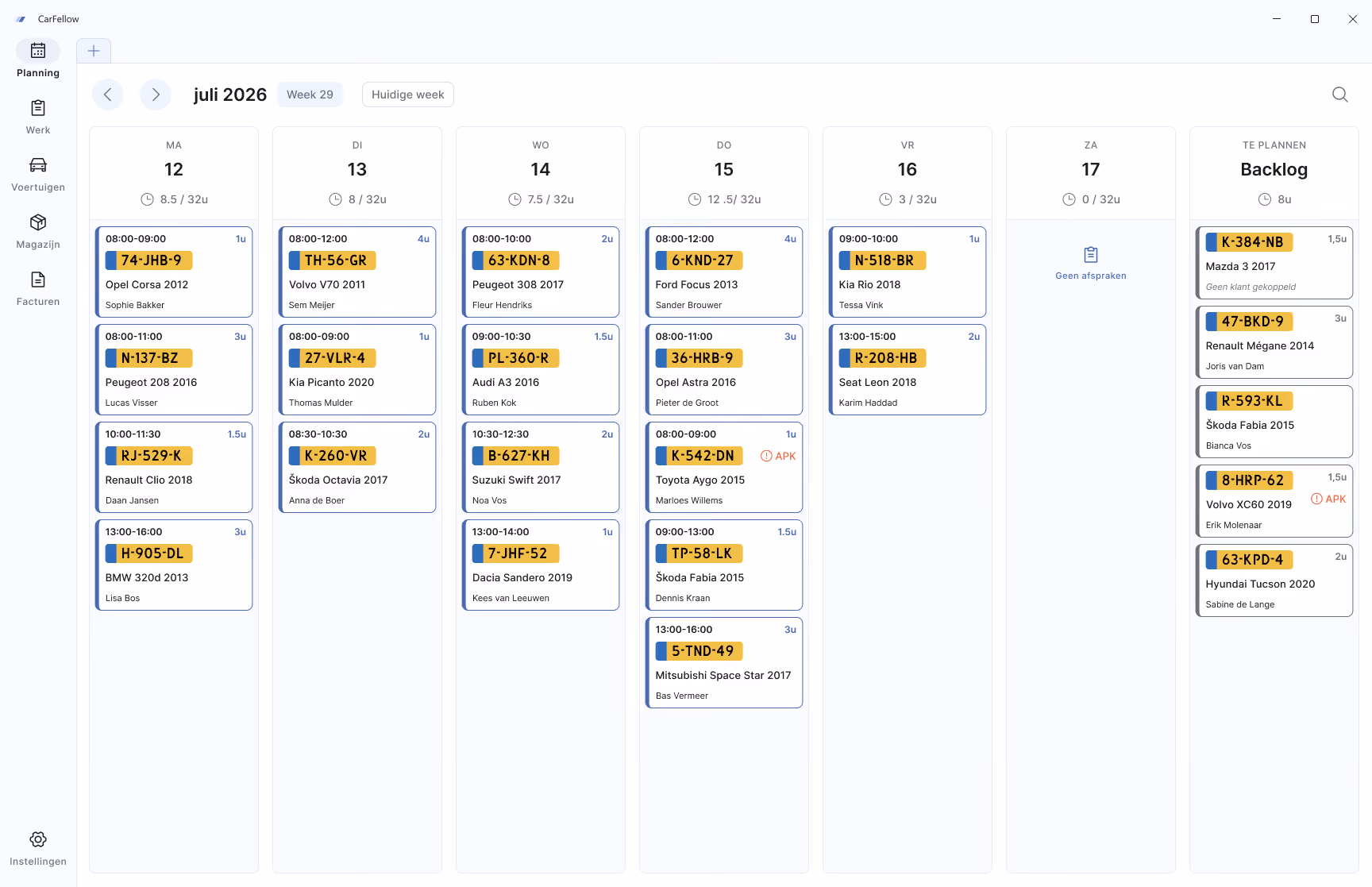 CarFellow planningsscherm met weekoverzicht