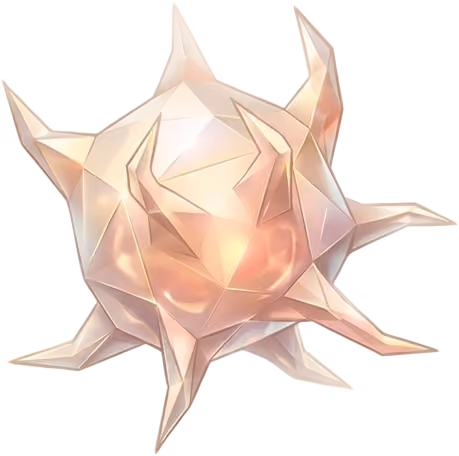 Abstract geometric spiked shape with translucent, glowing surfaces in light beige tones.