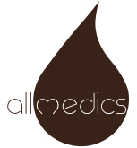 Allmedics logo in brownish-gray showing a stylized medical cross with a heart shape in the center.