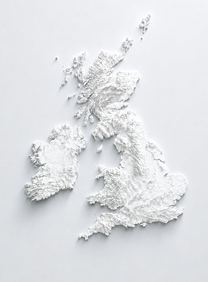 White relief study model of the British Isles, marked with the places where Rickett Architects have taken applications through planning.