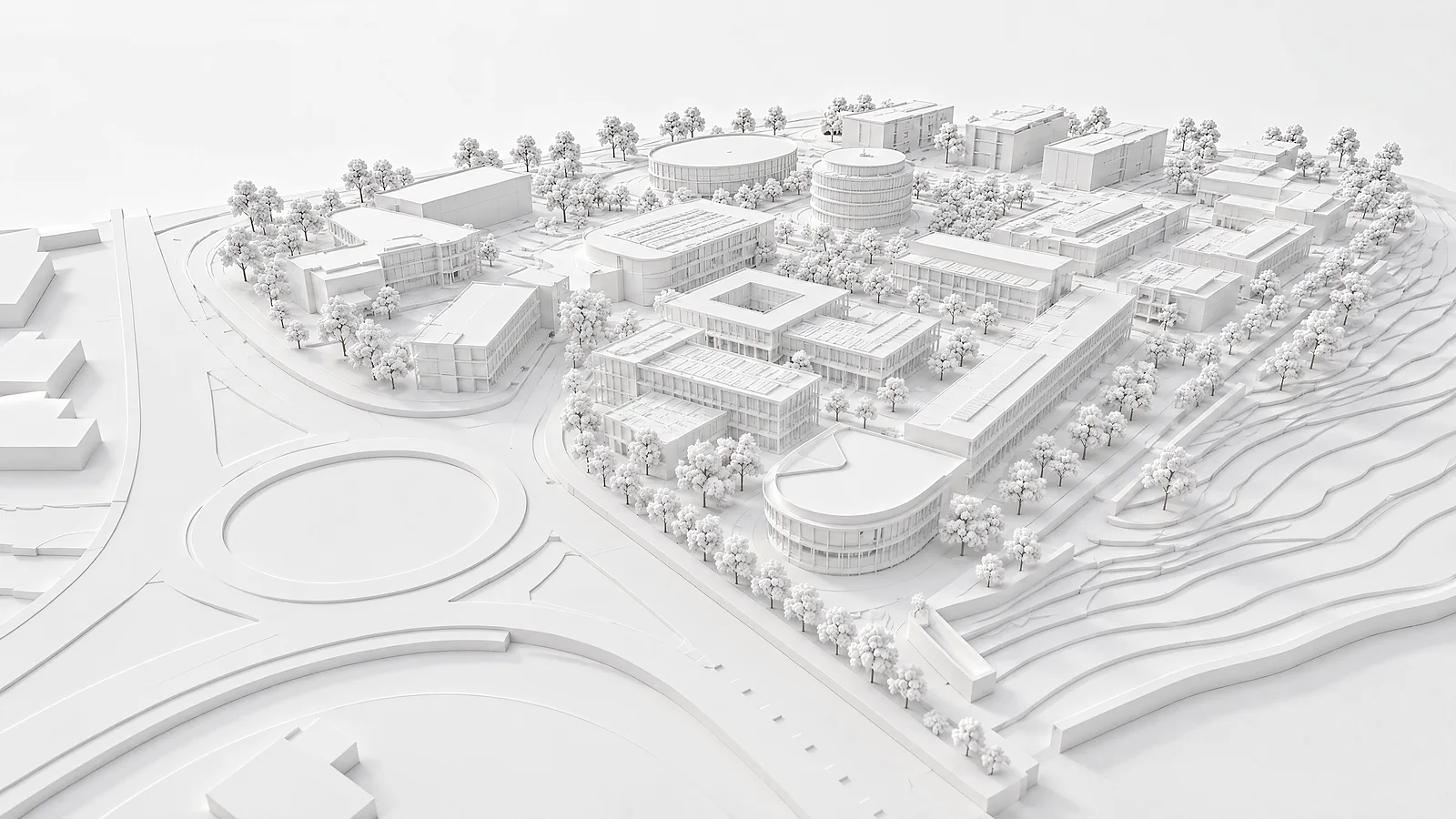 White architectural study model on a Rickett Architects plinth