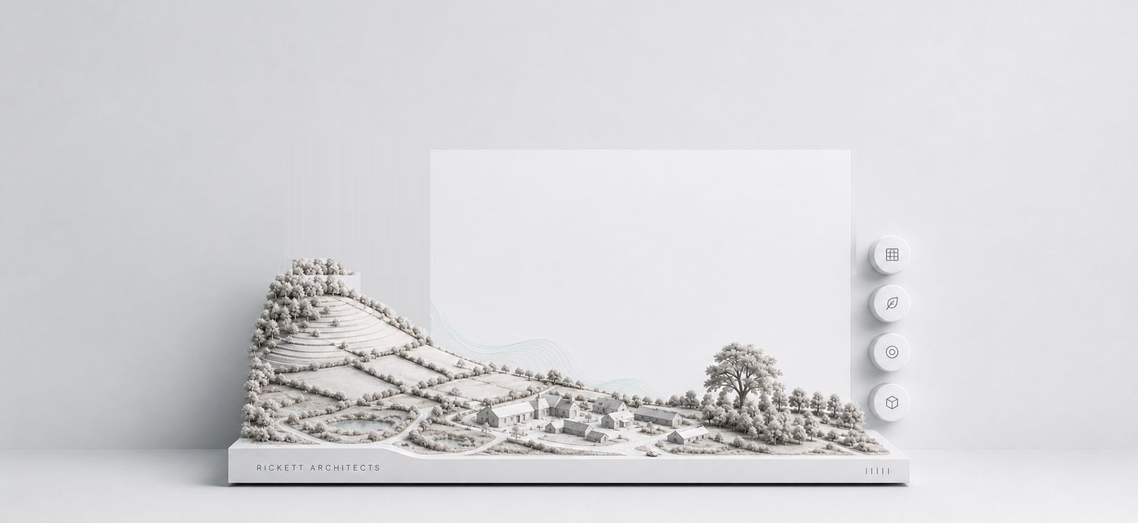 White study model of a rural estate on a Rickett Architects plinth