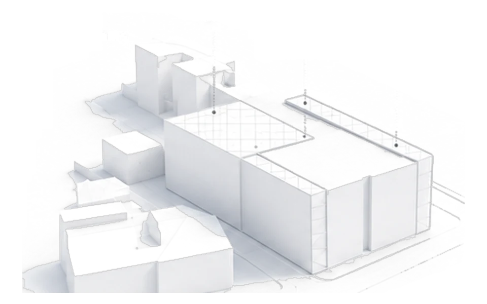 White study model of a scheme: urban edge and initial massing