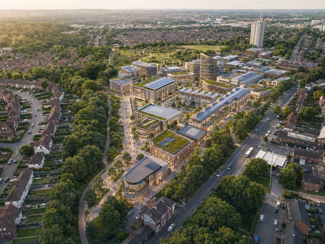 An aerial view of a master-planned mixed-use district by Rickett Architects