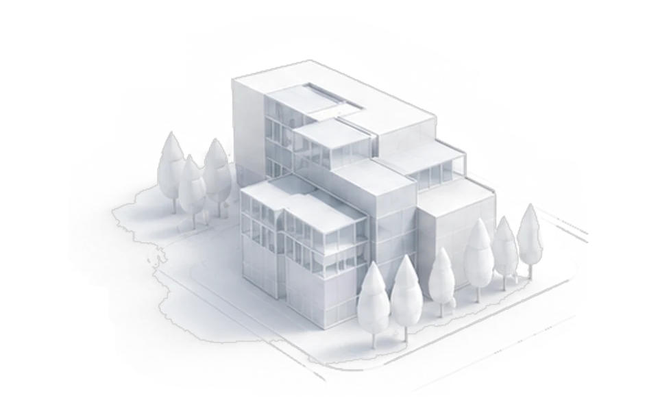 White study model of a scheme: the articulated proposal