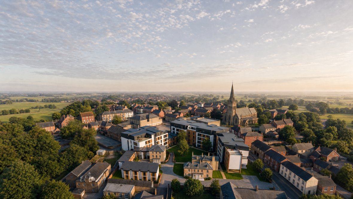 Visualisation of the consented extra care community at Caldecott Square, Rugby: 73 homes around a Grade II listed building, by Rickett Architects