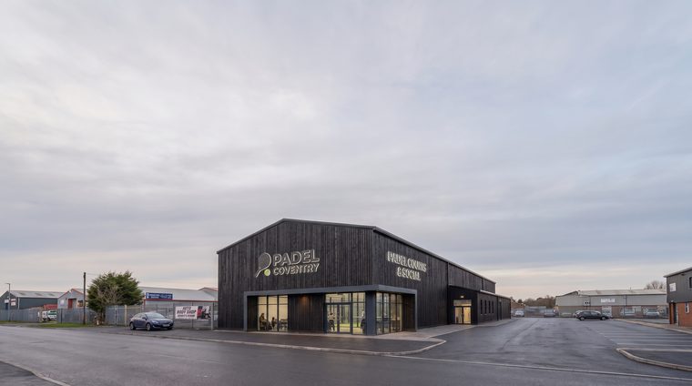 An indoor padel club proposed on an industrial estate in Coventry, by Rickett Architects