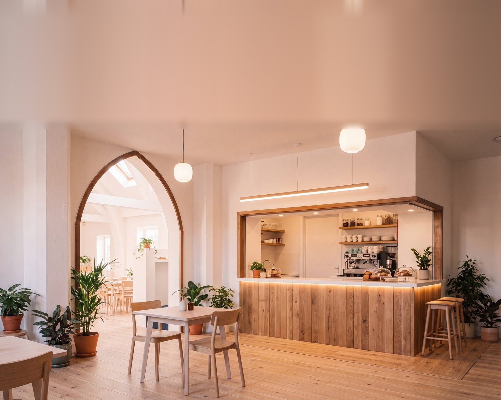 Enhanced photograph of the interior of a former Gothic chapel in a conservation area: a pointed timber arch framing a modern oak counter and pale plastered walls, warmly lit.