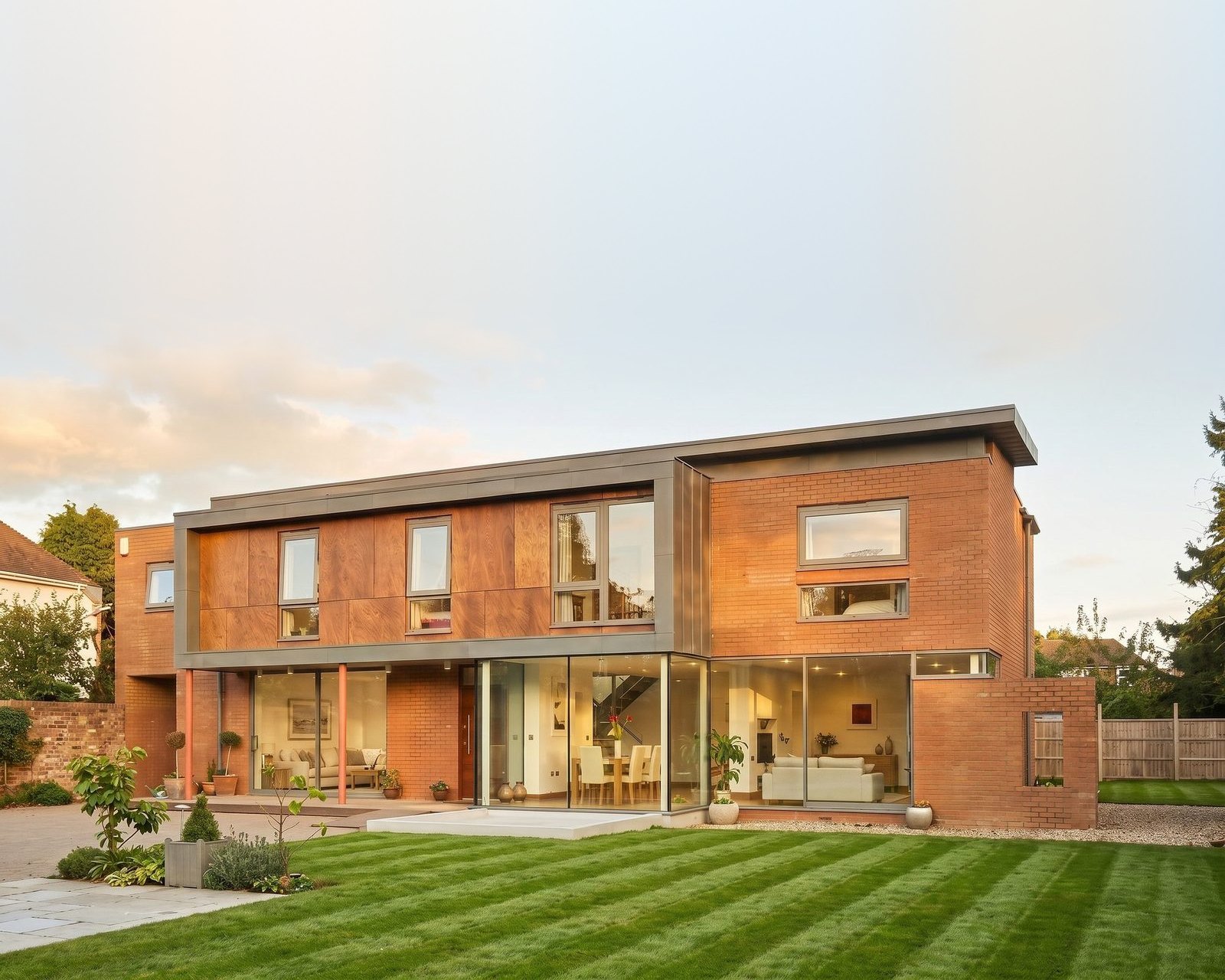 Enhanced photograph of a two-storey contemporary house in red brick, timber panelling and grey zinc, with full-height glazing onto a striped lawn at dusk.