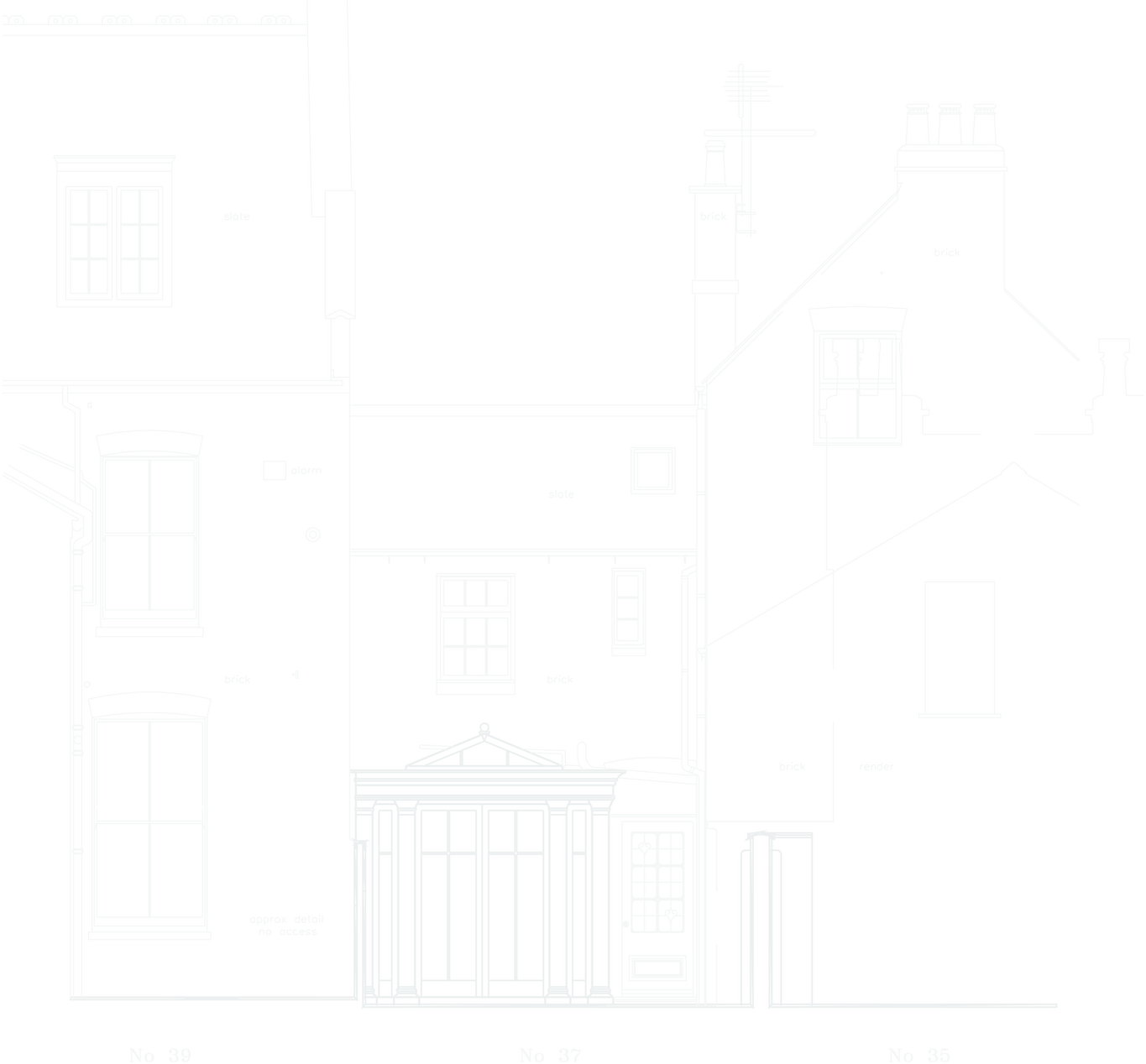 Strokes-only rear elevation drawing of a Grade II Regency terrace with its new classical orangery, drawn by Rickett Architects.