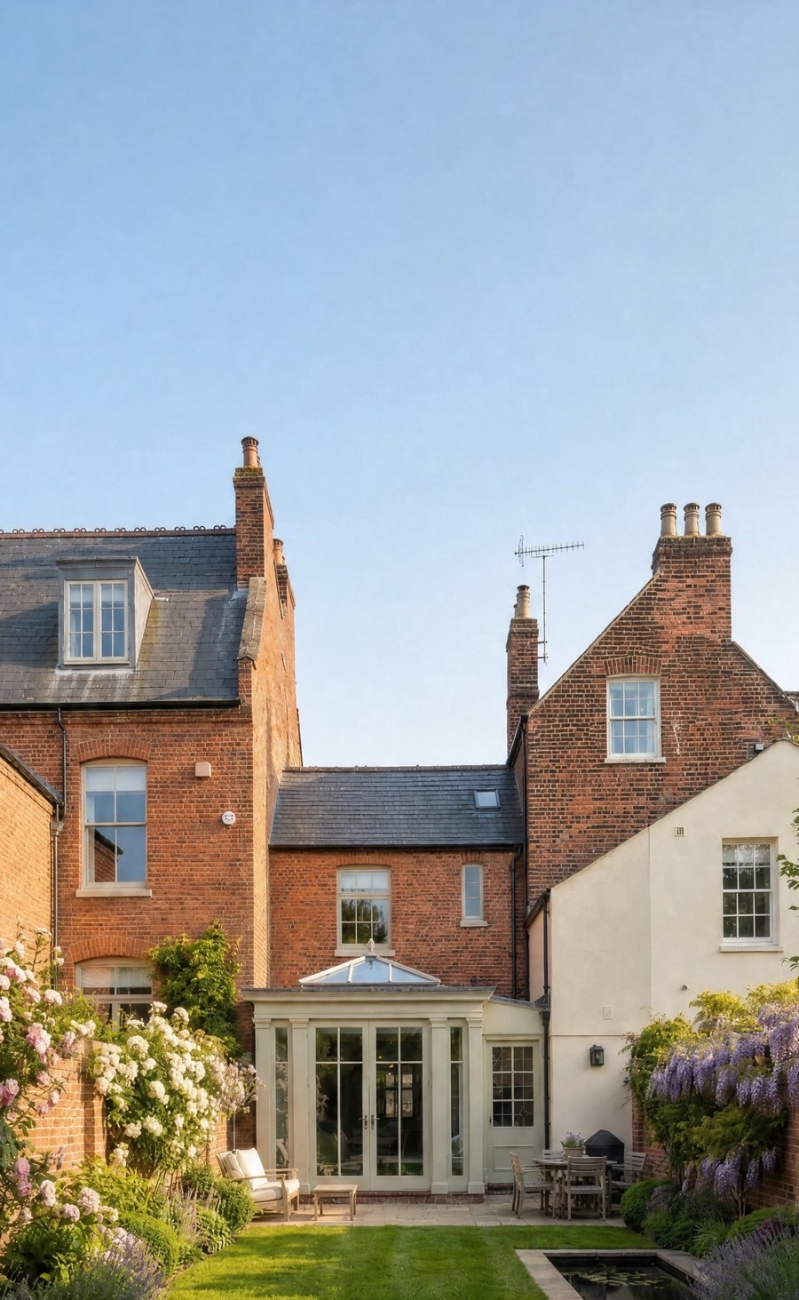 Enhanced photograph of the rear of a Grade II listed Regency terrace under a tall summer sky, with the new orangery and garden below.