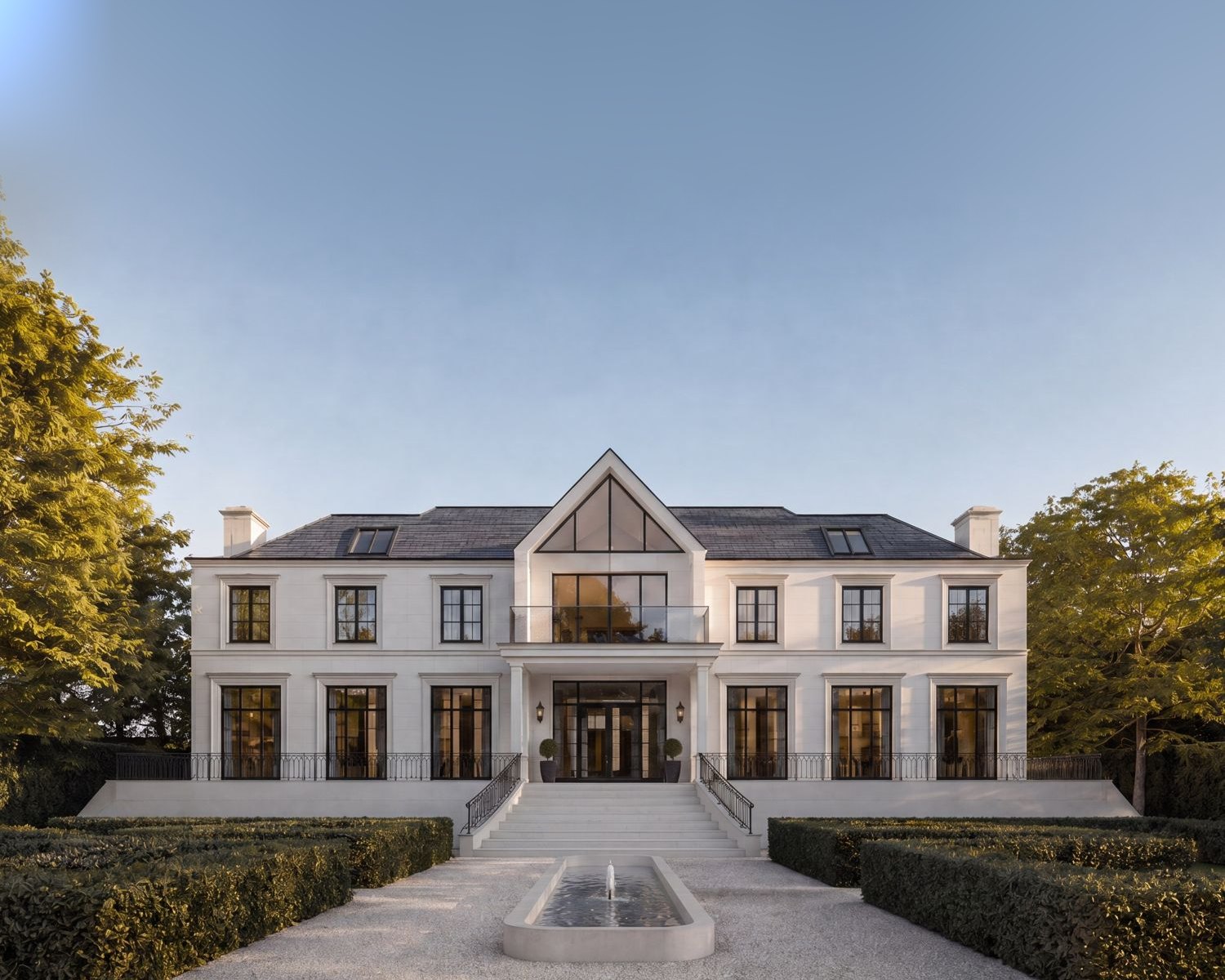 Visualisation of a replacement family house: a symmetrical white rendered elevation with a central glazed gable and a formal water rill