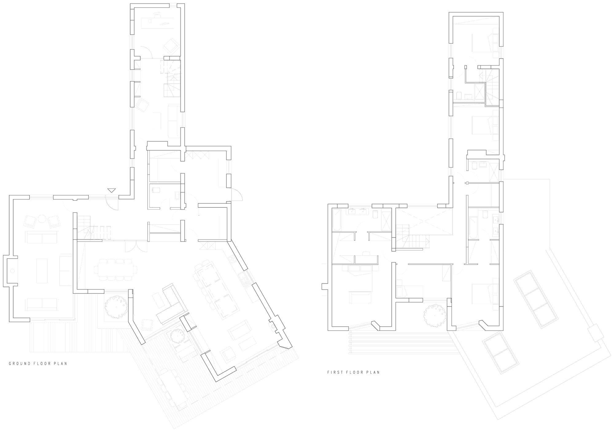 Rickett Architects proposed ground and first floor plans for the house on Ashlawn Road, Rugby: the extended and remodelled ground floor with an internal courtyard at its centre, and the retained first floor above