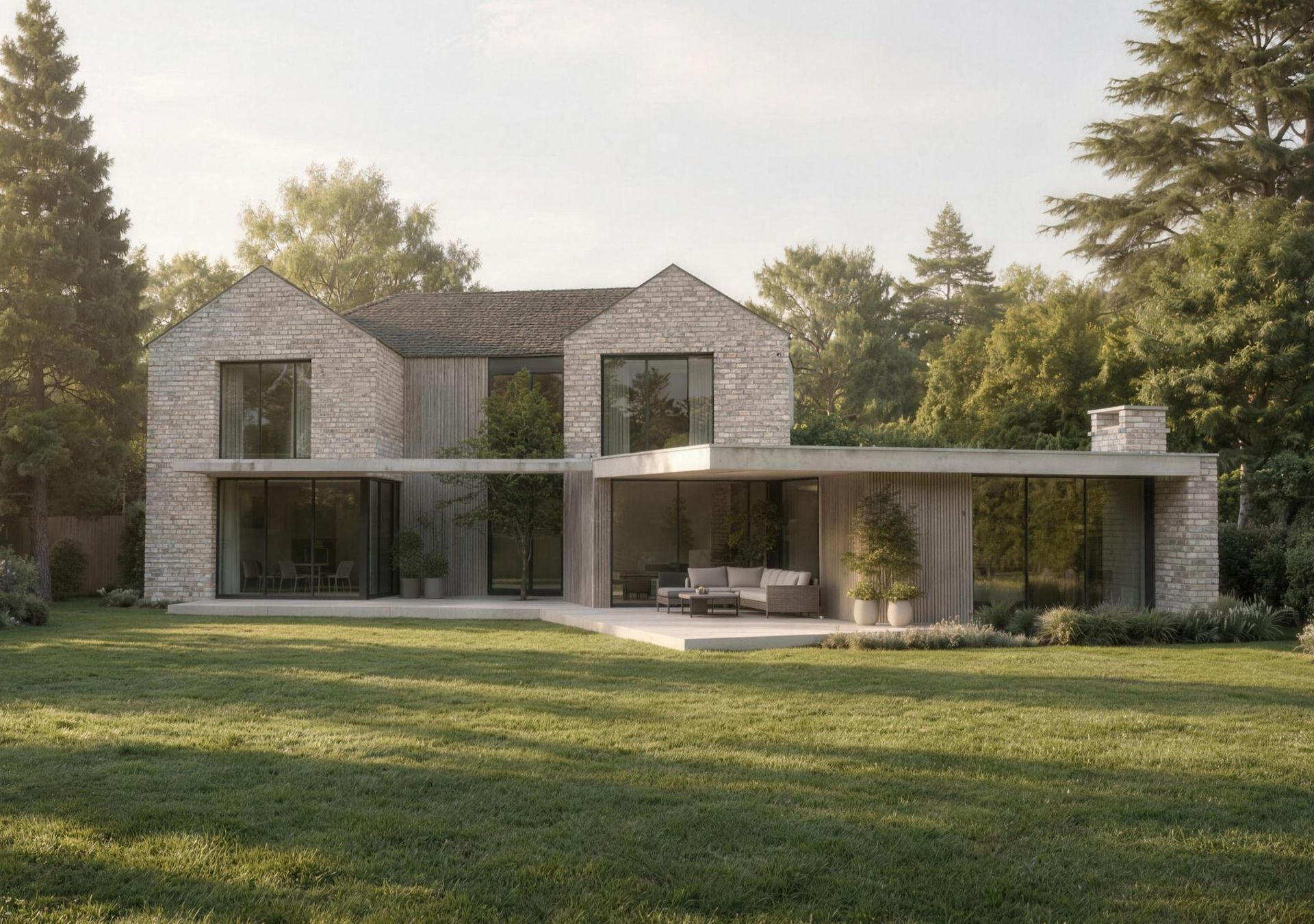 Visualisation of the consented proposal: the retained two-storey house in pale brick above a low single-storey glazed extension running the width of the garden front, opening onto the lawn