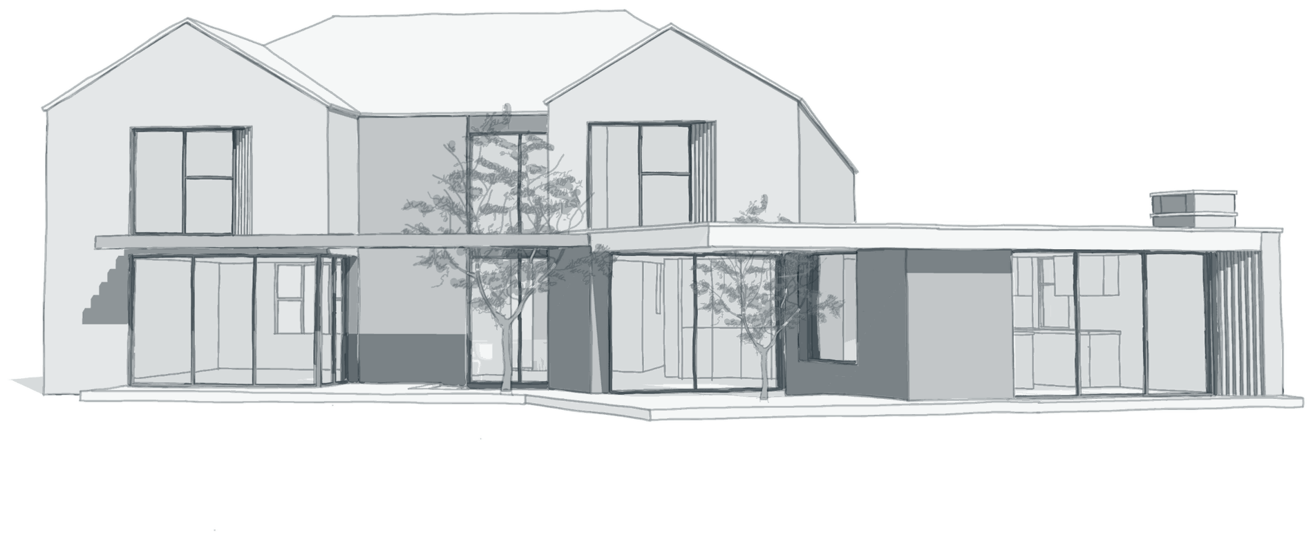 Rickett Architects study of the proposed rear elevation at Ashlawn Road, Rugby, drawn as a pale massing model: the low single-storey extension running across the garden front of the retained two-storey house, with glazing opening to the lawn.