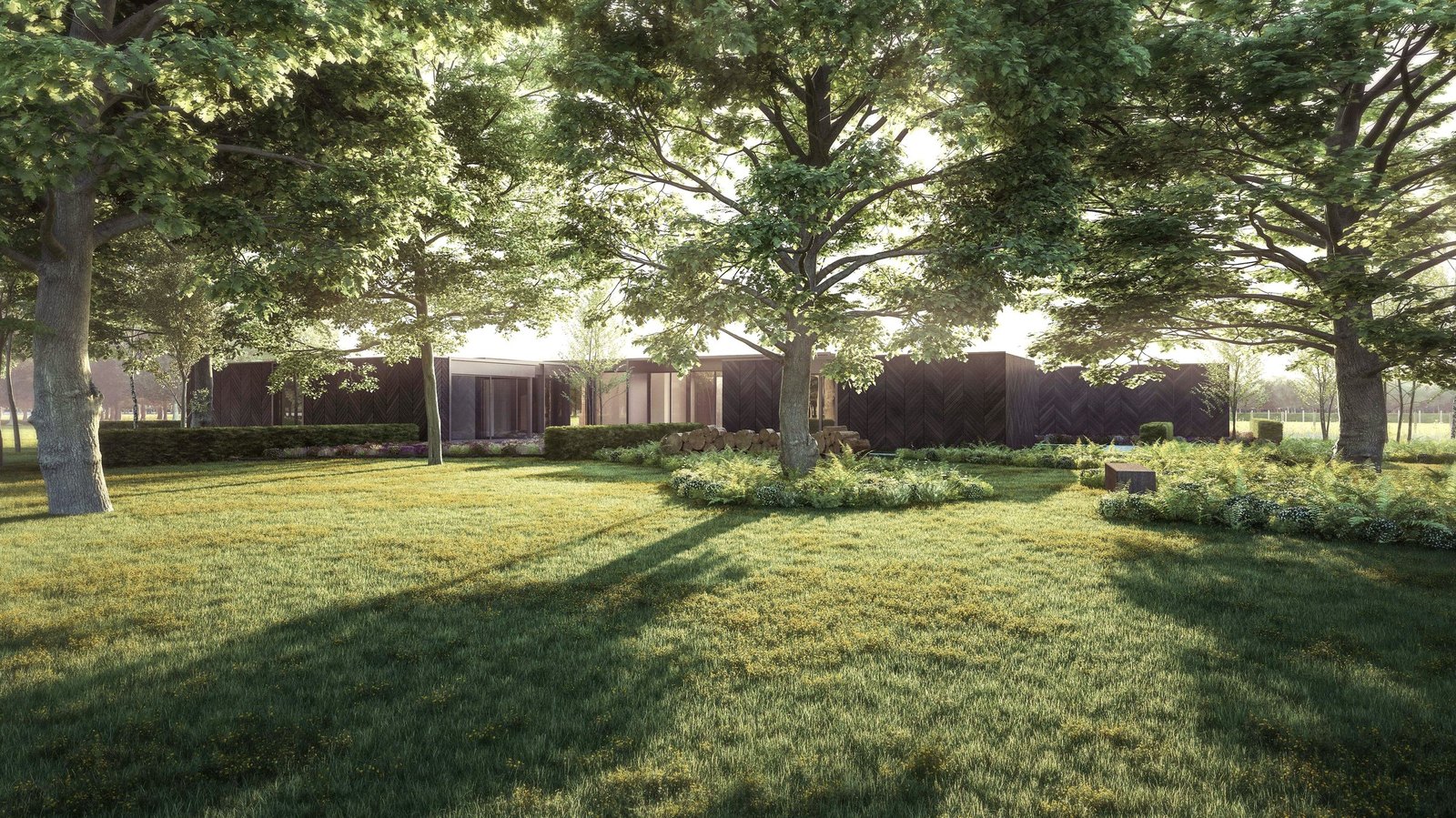 Visualisation of a contemporary house set low into a sloping open countryside site