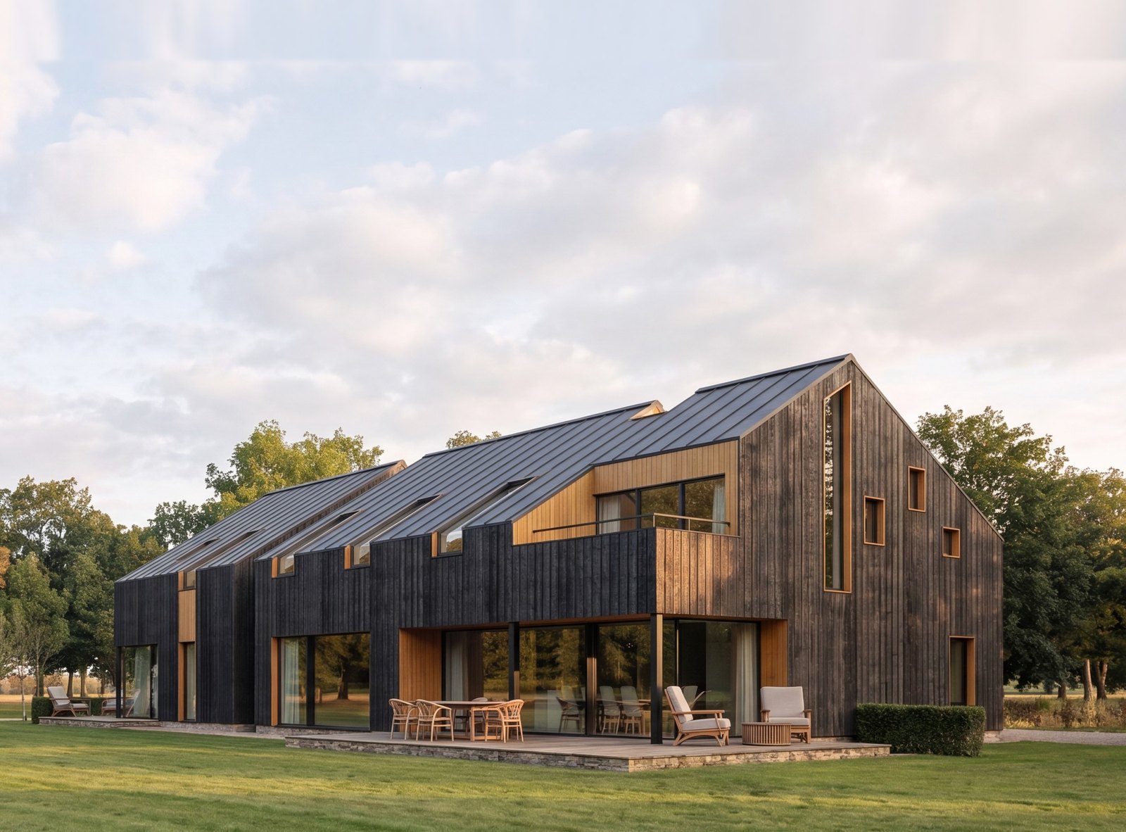 Photoreal visualisation of a converted steel-framed agricultural barn, clad in dark timber with full-height glazing