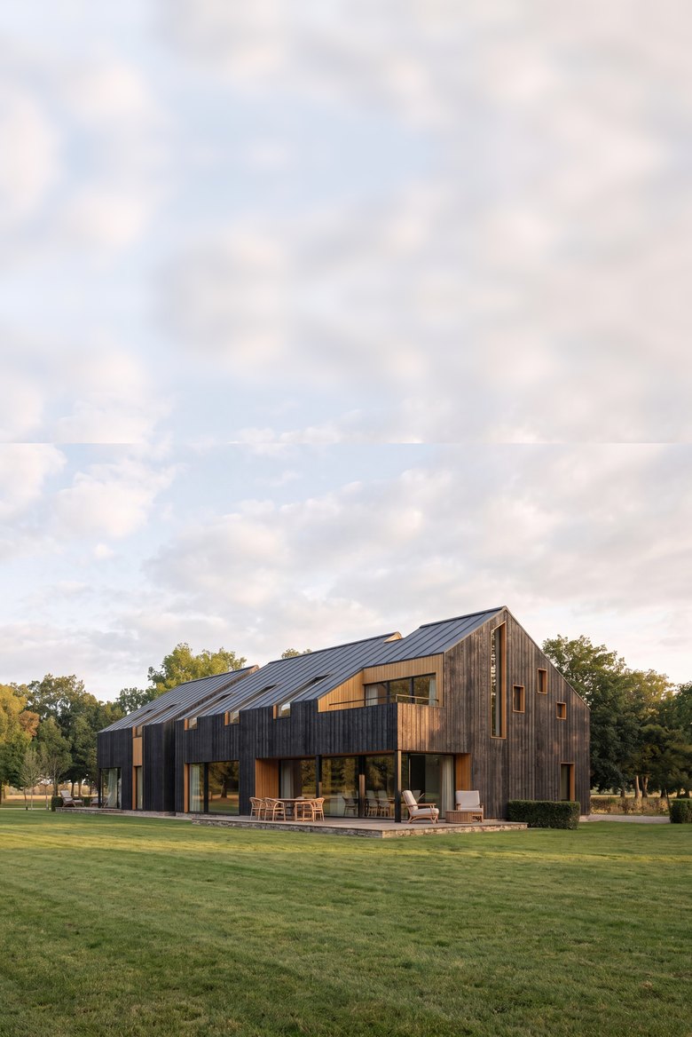 Photoreal visualisation of a converted steel-framed agricultural barn, clad in dark timber with full-height glazing