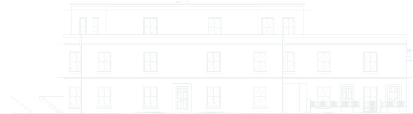 Our street elevation drawing of the Cross Street apartment building, showing the rendered Regency frontage with sliding sash windows, its set-back top storey and the lower eastern range behind iron railings.