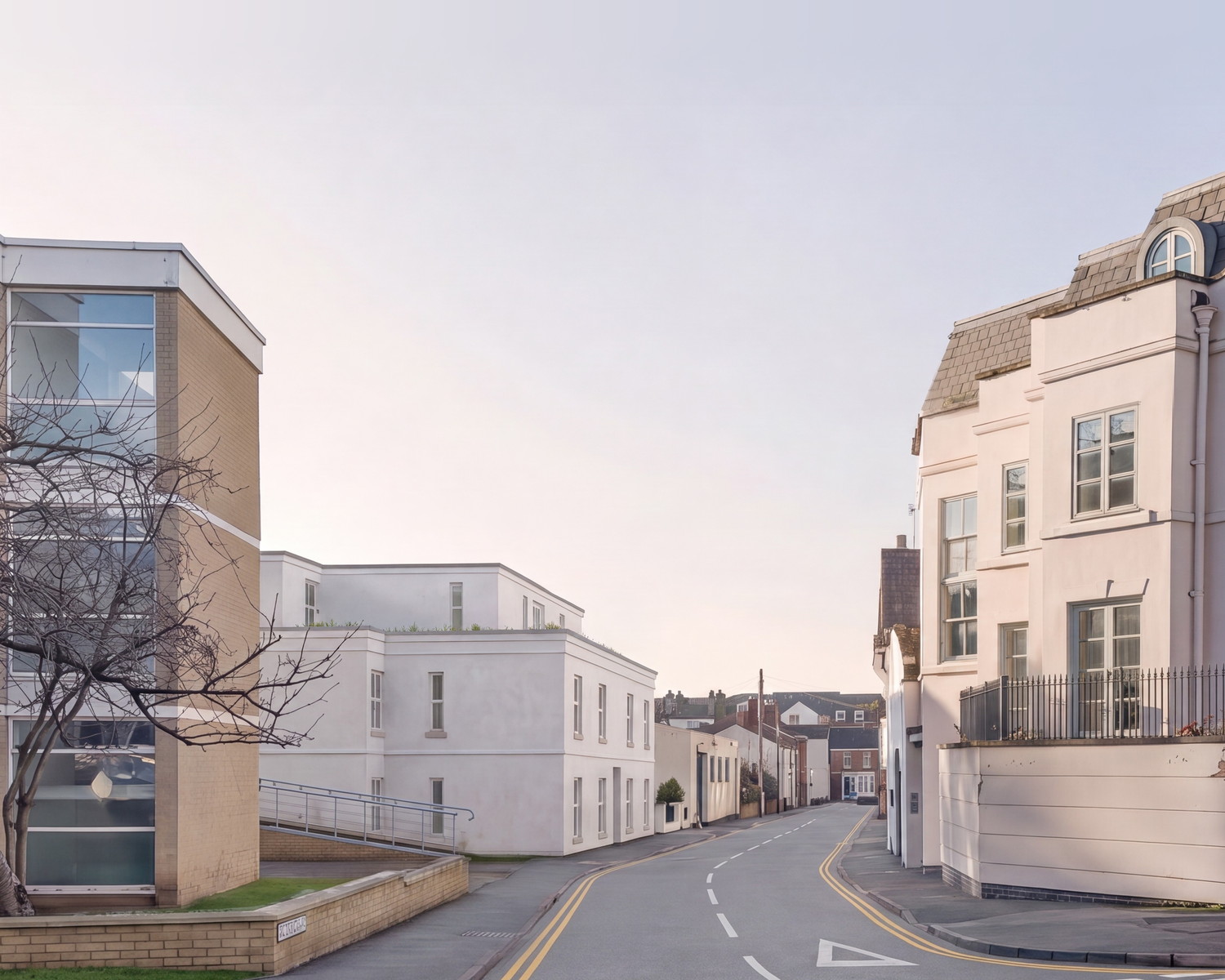 Visualisation of Cross Street, Leamington Spa: the white-rendered apartment building set back on the left of the street, with its Regency-fronted neighbours and iron railings on the right.