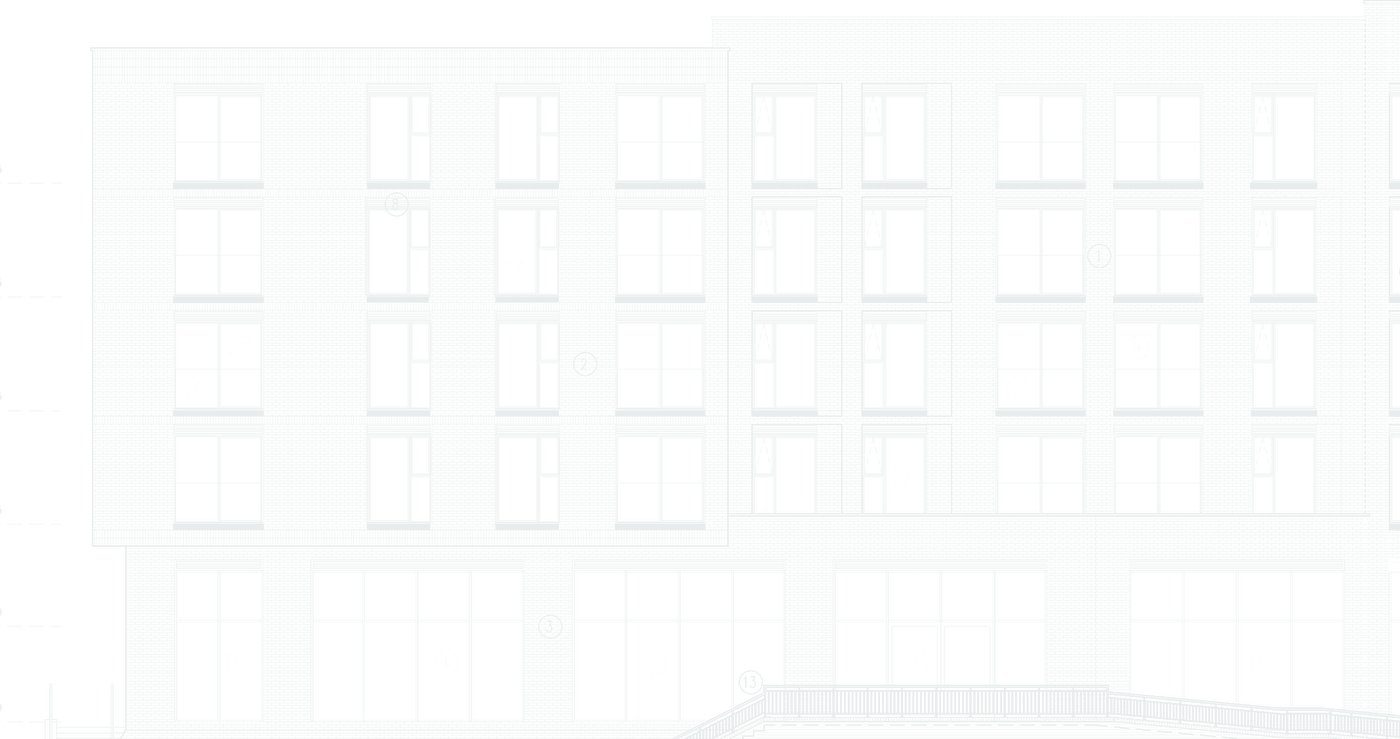Our frontage elevation drawing of Muller Yard, showing four floors of flats in brick over a glazed ground floor, the taller block stepping up to the right, and the balustraded ramp running along the frontage.