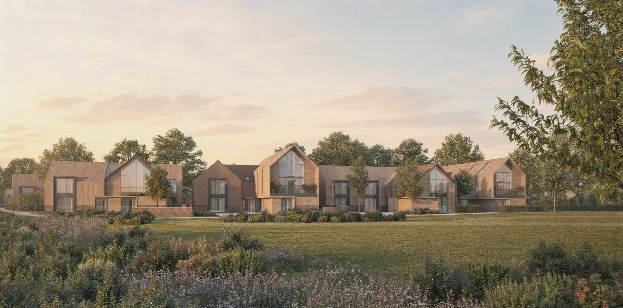 Visualisation of a housing scheme of timber-clad homes set around a meadow