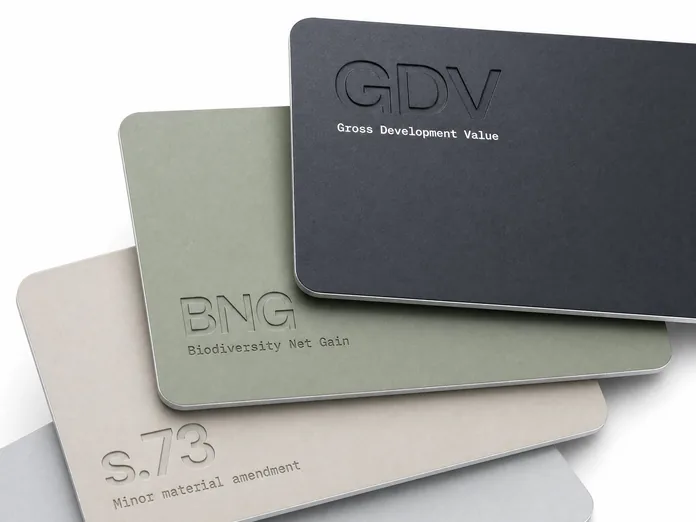 Powder-coated metal cards engraved GDV, BNG, s.73 and Net-to-gross laid in a fan