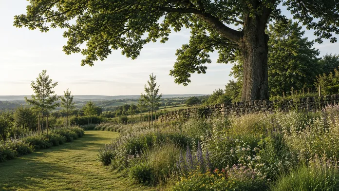 Wildflower meadow, dry stone wall and a mature oak in open countryside