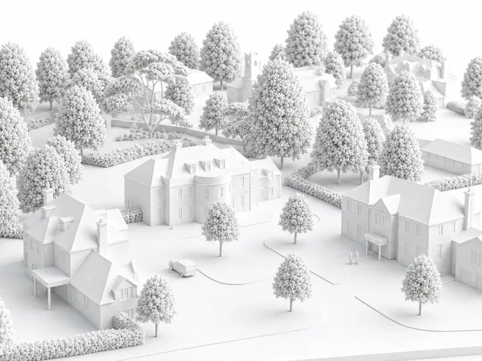 A white card study model on a desk seen from above, tracing paper laid across it, a pencil and scale rule alongside.