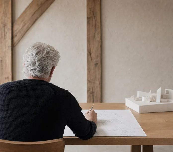 An architect working alone at a long desk, drawing over a site plan