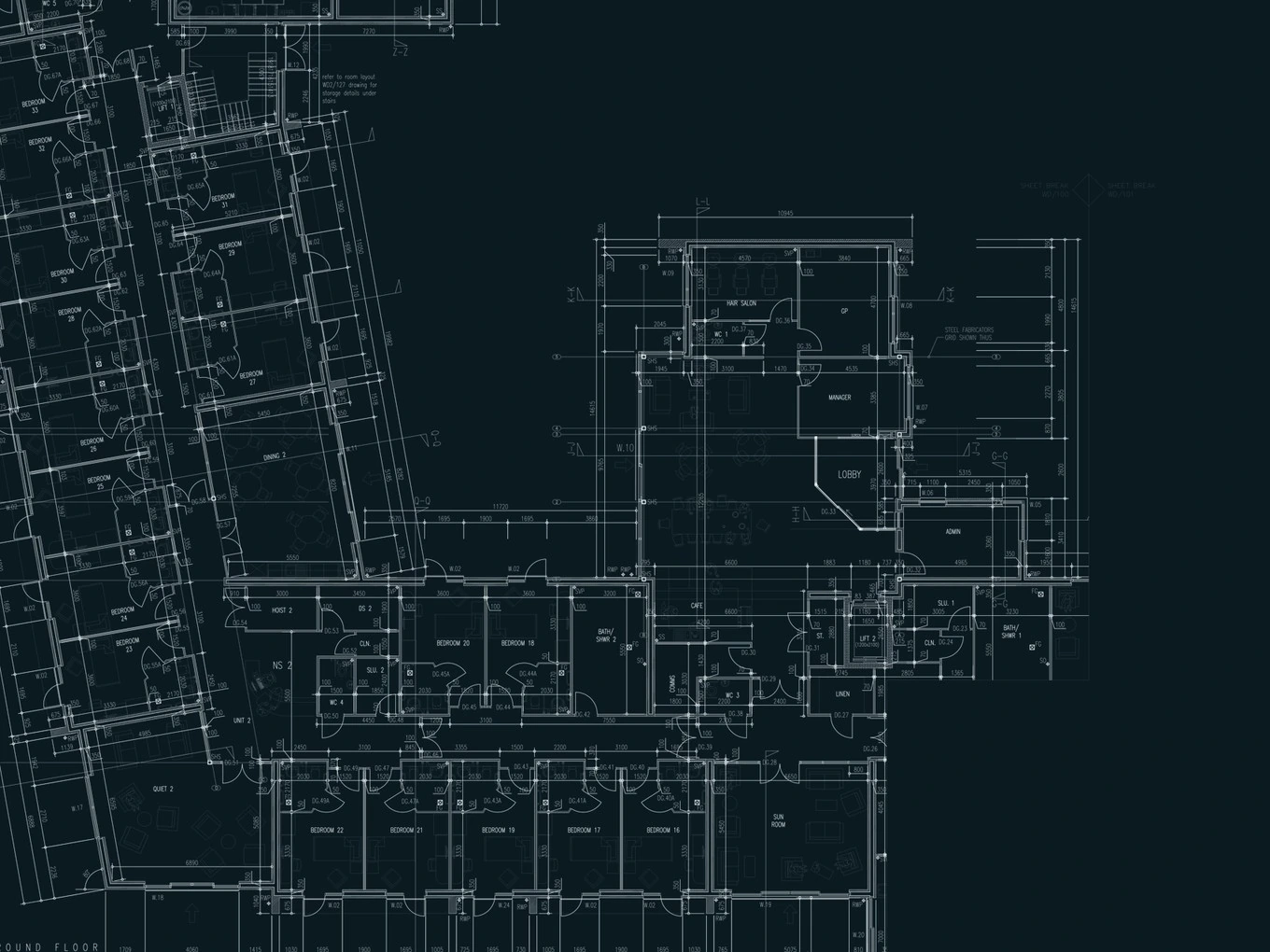 A construction drawing sheet with a floor plan, dimension line and title block
