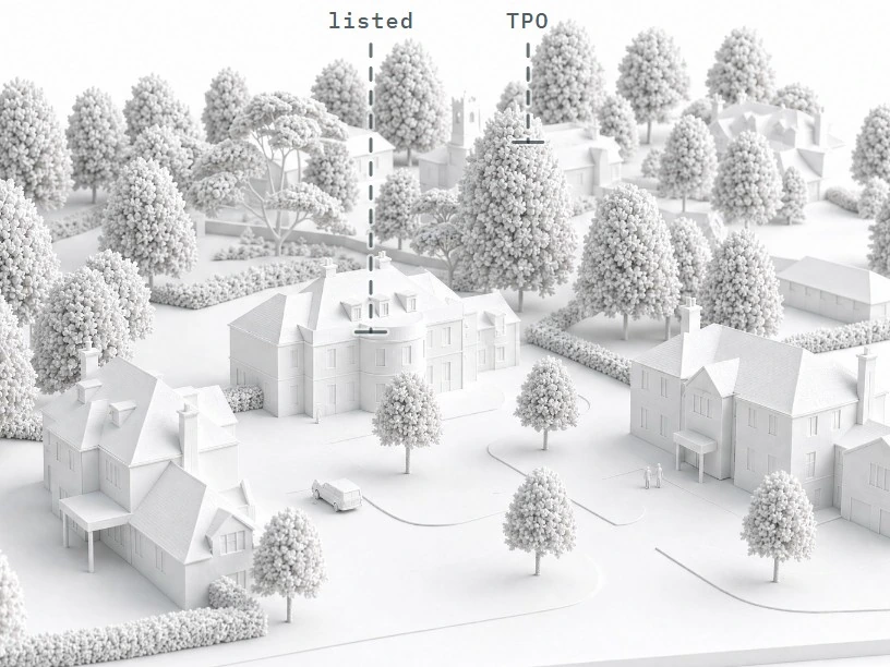 A white architectural study model annotated with listed building and TPO markers