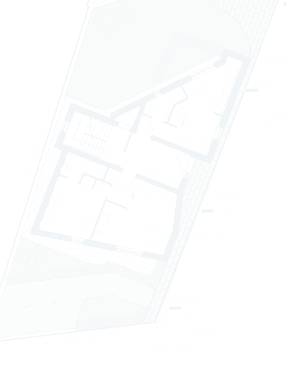 Rickett Architects site plan of Block A at Foleshill Road, Coventry, drawn in light linework: the ground floor of the redesigned studio building set into its plot, its angled south-east corner following the power-cable clearance line, with the boundary, paving and planting around it