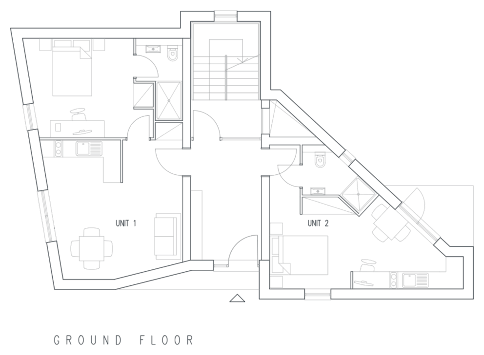 Rickett Architects Block A ground floor plan, Foleshill Road, Coventry: two studios either side of the entrance and stair core, the south-east wall angled off the easement line. Enlarge for the first, second and third floors.