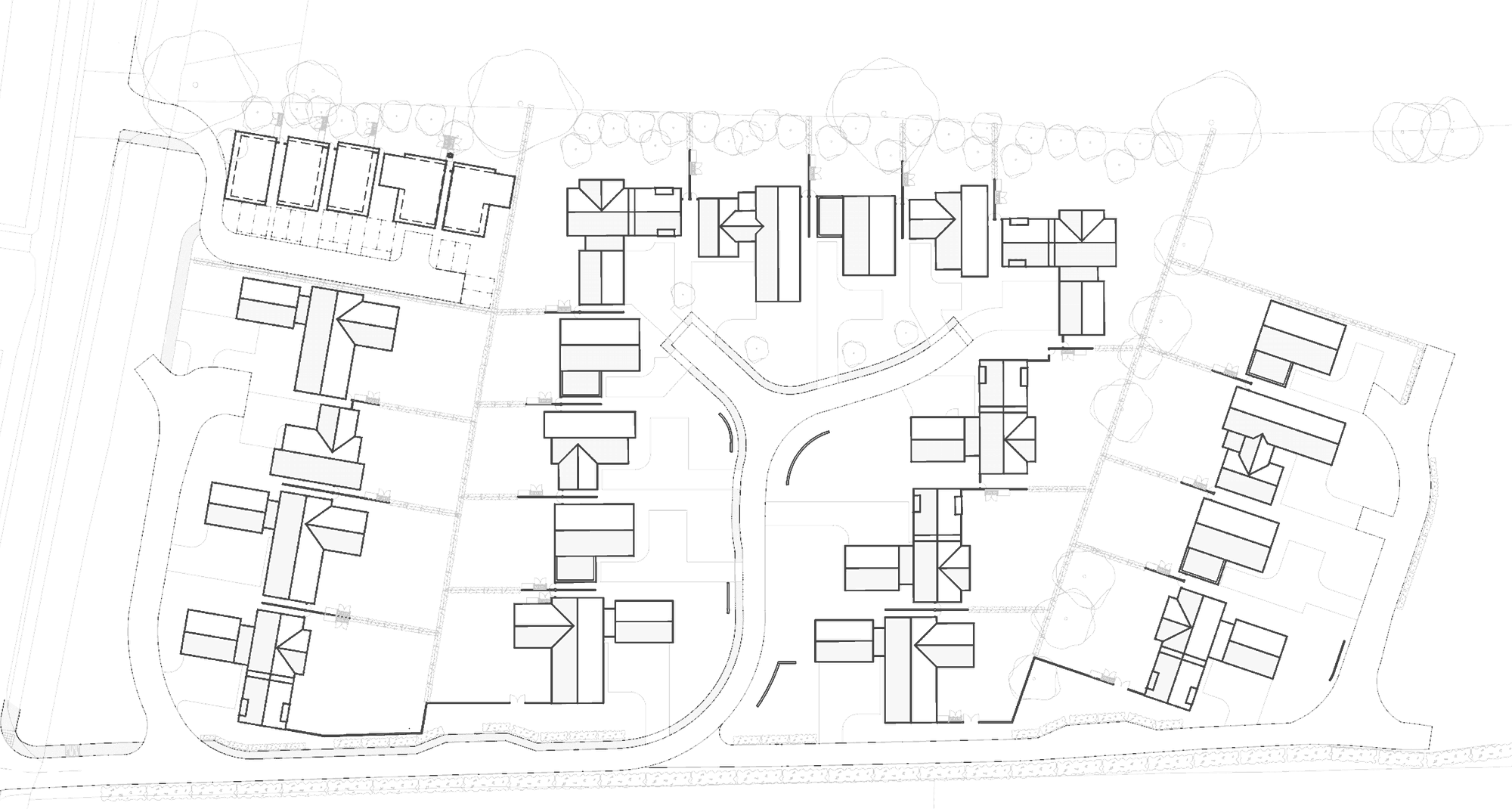 Consented site layout for Inwoods Park, Rugby, drawn as a roof plan: the 25 homes arranged around new internal streets behind the retained tree line along the Ashlawn Road frontage, with the green corridor held open beyond