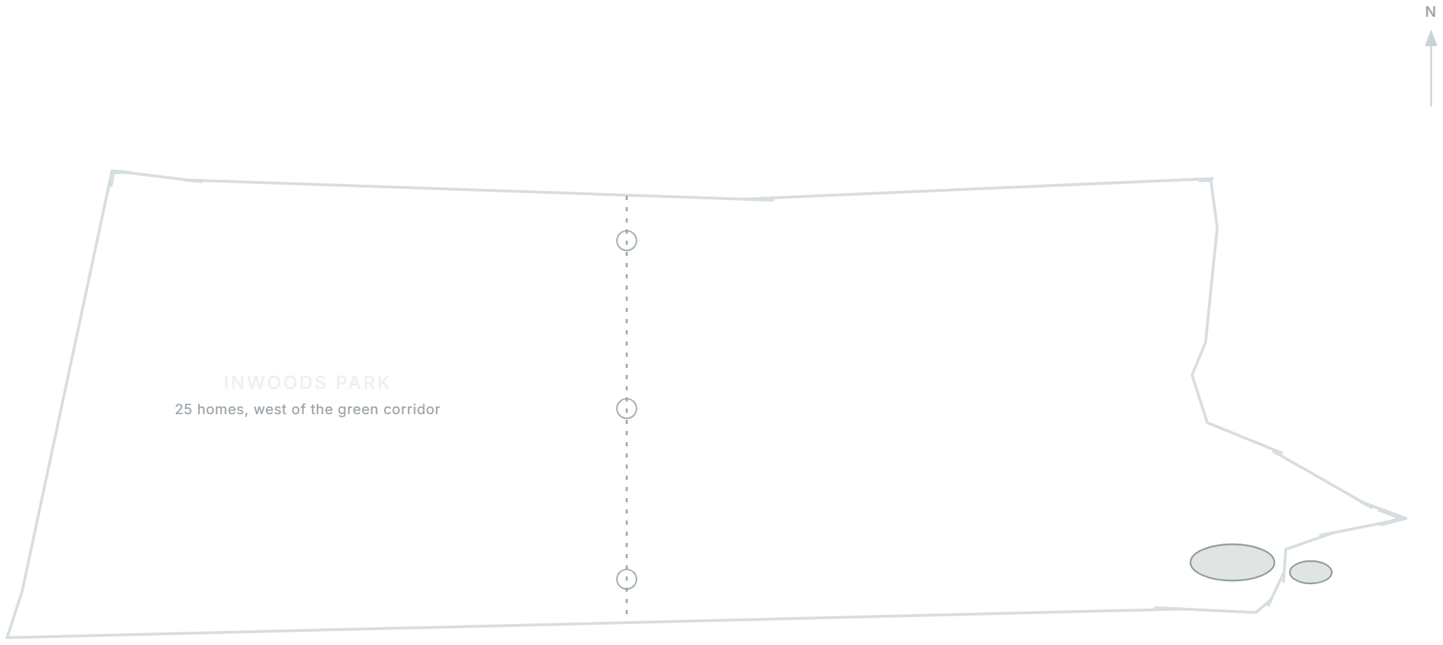 Rickett Architects study of the Inwoods Park site boundary, drawn in light linework: the elongated parcel on the southern edge of Rugby narrowing to its south-east spur, with the avenue of protected limes crossing the centre and the drainage ponds held in the retained green corridor