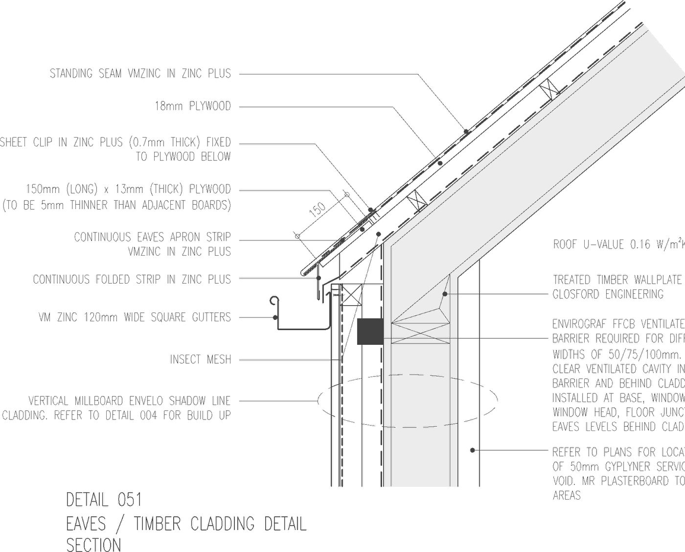 Rickett Architects Stage 4 eaves detail for Inwoods Park, Rugby: a dimensioned section through the standing-seam zinc roof, eaves apron and zinc gutter meeting the vertical timber cladding of the SIPs wall build-up