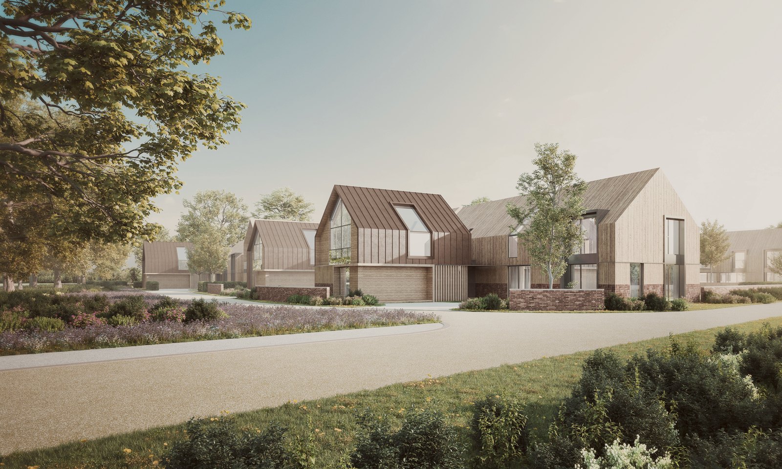 Visualisation of Inwoods Park, Rugby: the new street sweeping past detached gabled houses with standing-seam zinc roofs and timber cladding, planted verges either side and mature trees beyond