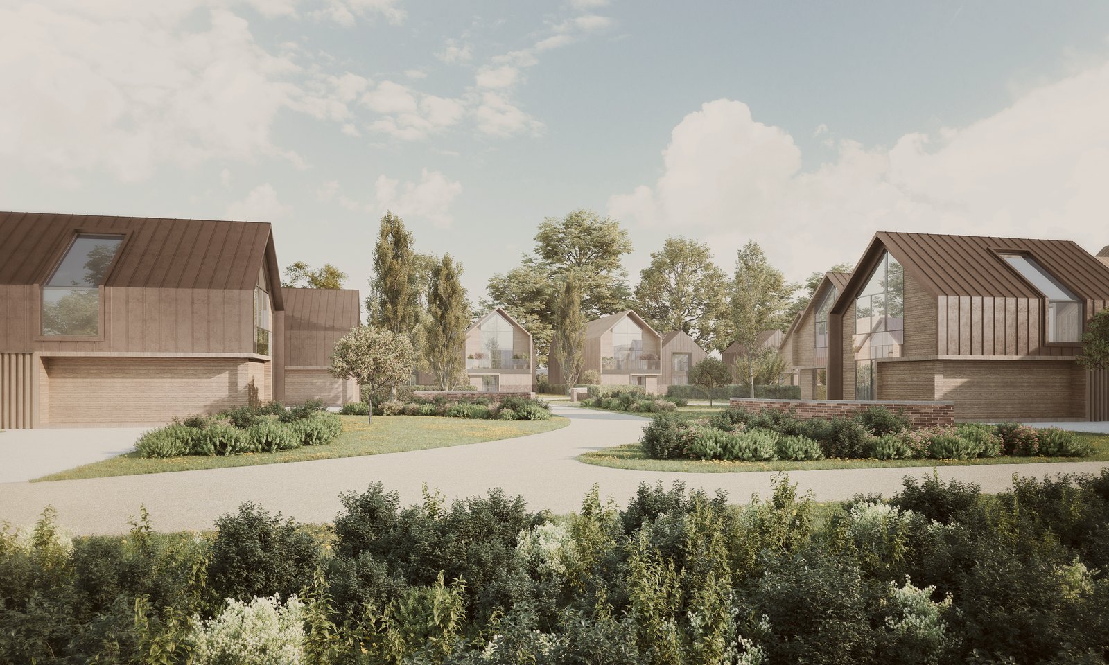 Visualisation of Inwoods Park, Rugby: detached houses with zinc roofs and timber cladding set among garden planting and winding paths, with open countryside and mature trees beyond