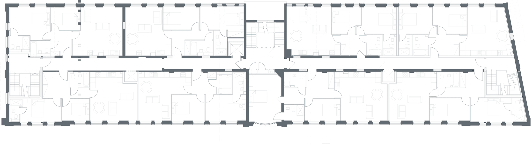 Rickett Architects proposed first floor plan of Block B, the locally listed 1906 Former Challenge Cycle Works conversion, Foleshill Road, Coventry: the full long building, one and two-bed apartments over the retained masonry